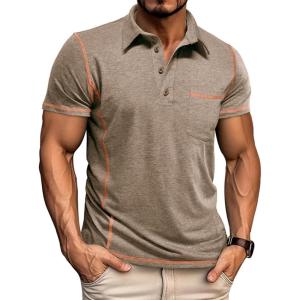 imageMens Casual Long Sleeve Polo Shirts Collared Button Cotton TShirt Classic Stylish Golf Shirt with PocketKhaki315