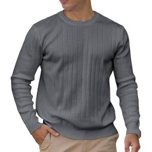 imageMens Crew Neck Pullover Sweaters Long Sleeve Casual Lightweight Sweaters Silm Fit Ribbed Textured Knit SweaterDarkgrey