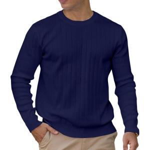 imageMens Crew Neck Pullover Sweaters Long Sleeve Casual Lightweight Sweaters Silm Fit Ribbed Textured Knit SweaterNavy
