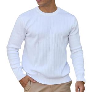 imageMens Crew Neck Pullover Sweaters Long Sleeve Casual Lightweight Sweaters Silm Fit Ribbed Textured Knit SweaterWhite