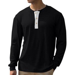 imageMens Henley Shirts Long Sleeve Casual Button Classic TShirt Cotton Stylish Basic Pullover Soft TeesBlack