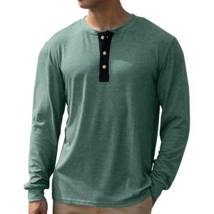 imageMens Henley Shirts Long Sleeve Casual Button Classic TShirt Cotton Stylish Basic Pullover Soft TeesGreen
