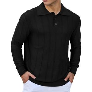 imageMens Knit Polo Shirts Long Sleeve Casual Classic Polo Shirt Collared Ribbed Textured Pullover SweaterBlack