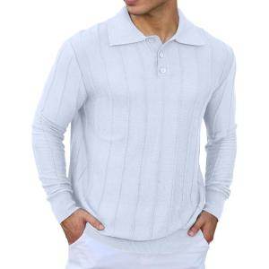 imageMens Knit Polo Shirts Long Sleeve Casual Classic Polo Shirt Collared Ribbed Textured Pullover SweaterWhite