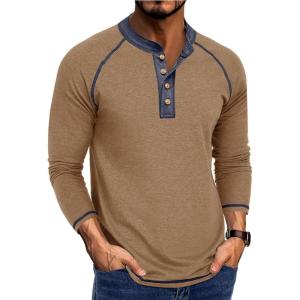imageMens Long Sleeve Henley Shirts Casual Button TShirt Classic Cotton Lightweight Tees Stylish Pullover TopsKhaki