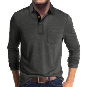 imageMens Casual Polo Shirts Classic Button Basic Long Sleeve Shirt Solid Color Cotton Tees Stylish TopsGrey