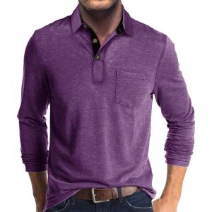 imageMens Casual Polo Shirts Classic Button Basic Long Sleeve Shirt Solid Color Cotton Tees Stylish TopsPurple