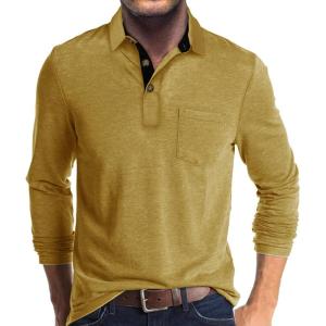 imageMens Casual Polo Shirts Classic Button Basic Long Sleeve Shirt Solid Color Cotton Tees Stylish TopsYellow