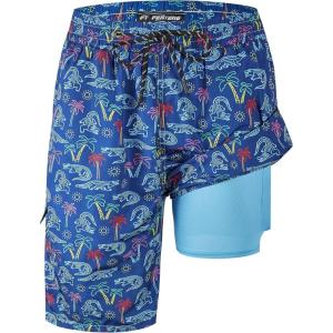 image:imageMens Swim Trunks 9 Board Shorts with Compression Liner Swimsuit Builtin Bathing Suit Quick Dry Swimwear Zipper PocketNeon Crocodile