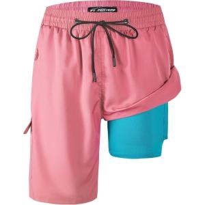 image:imageMens Swim Trunks 9 Board Shorts with Compression Liner Swimsuit Builtin Bathing Suit Quick Dry Swimwear Zipper PocketPink