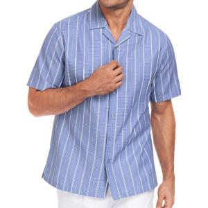 image:imageLzzidou Mens Cuban Collar Shirt Short Sleeve Button Down  Textured Jacquard Cotton Blend Summer Resort TopBlue Daimond With White Stripe