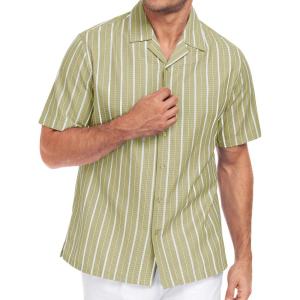 image:imageLzzidou Mens Cuban Collar Shirt Short Sleeve Button Down  Textured Jacquard Cotton Blend Summer Resort TopGreen Daimond With White Stripe