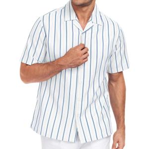 image:imageLzzidou Mens Cuban Collar Shirt Short Sleeve Button Down  Textured Jacquard Cotton Blend Summer Resort TopWhite Daimond With Blue Stripe