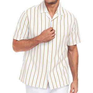 image:imageLzzidou Mens Cuban Collar Shirt Short Sleeve Button Down  Textured Jacquard Cotton Blend Summer Resort TopWhite Daimond With Camel Stripe