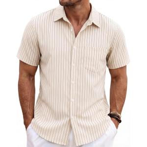 image:imageLzzidou Mens Casual Striped Shirt Summer Short Sleeve Button Up Shirts with a Chest PocketApricot