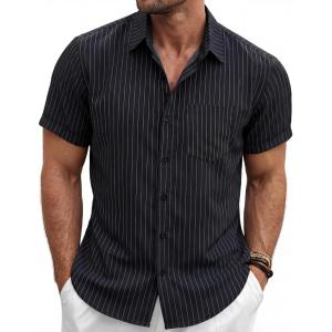 image:imageLzzidou Mens Casual Striped Shirt Summer Short Sleeve Button Up Shirts with a Chest PocketBlack