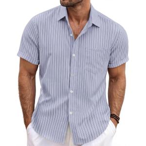 image:imageLzzidou Mens Casual Striped Shirt Summer Short Sleeve Button Up Shirts with a Chest PocketLight Sky Blue