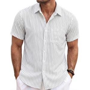 image:imageLzzidou Mens Casual Striped Shirt Summer Short Sleeve Button Up Shirts with a Chest PocketWhite