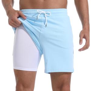image:imageFT FENTENG Mens Swim Trunks with Compression Liner 7 Board Shorts with Zipper Pockets 2 in 1 Quick Dry Bathing SuitsHaze Bluewhite