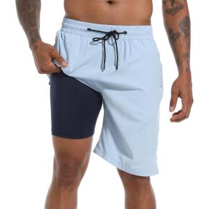 image:imageFT FENTENG Mens Swim Trunks with Compression Liner 9 Board Shorts 2 in 1 Quick Dry Bathing Suits with Zipper PocketsPowder Bluec