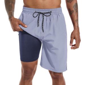 image:imageFT FENTENG Mens Swim Trunks with Compression Liner 9 Board Shorts 2 in 1 Quick Dry Bathing Suits with Zipper PocketsSilver Grayc