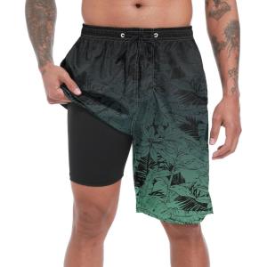 image:imageFT FENTENG Mens Swim Trunks with Compression Liner 9 Stretch Board Shorts 2 in 1 Quick Dry Swimwear Bathing SuitsGradient Green Leafc