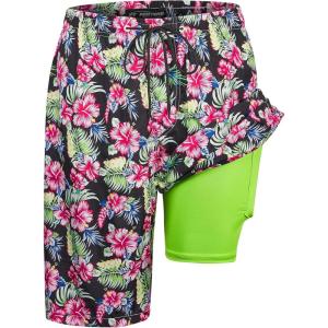 image:imageMens Swim Trunks with Compression Liner 9 Builtin Board Shorts 2 in 1 Quick Dry Bathing Suits with Zipper PocketsTropical Flowers