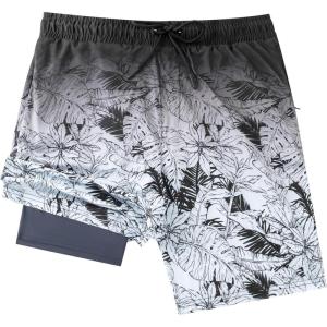image:imageMens Swim Trunks with Compresssion Liner 7 Swimwear Board Shorts 2in1 Bathing Suits with Zipper PocketsBlack Gradient Leaves