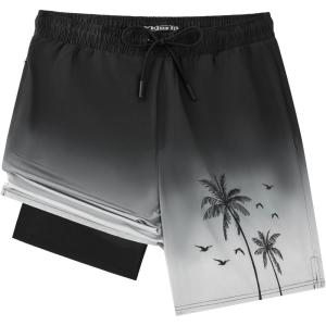 image:imageMens Swim Trunks with Compresssion Liner 7 Swimwear Board Shorts 2in1 Bathing Suits with Zipper PocketsBlack Gradient Palm Leaf