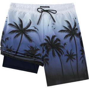 image:imageMens Swim Trunks with Compresssion Liner 7 Swimwear Board Shorts 2in1 Bathing Suits with Zipper PocketsNavy Gradient Palm Leaf