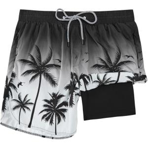 image:imageFT FENTENG Mens Swim Trunks with Compression Liner 5 Stretch Board Shorts Quick Dry Zipper Pockets 2 in 1 Mens Bathing SuitsBlack Palm Tree