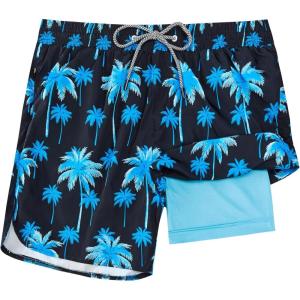 image:imageFT FENTENG Mens Swim Trunks with Compression Liner 5 Stretch Board Shorts Quick Dry Zipper Pockets 2 in 1 Mens Bathing SuitsBlue Palm Tree