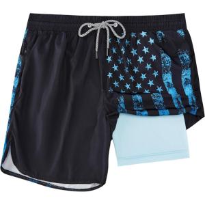 image:imageFT FENTENG Mens Swim Trunks with Compression Liner 5 Stretch Board Shorts Quick Dry Zipper Pockets 2 in 1 Mens Bathing SuitsLake Blue Flag