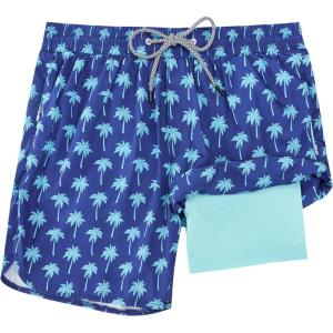 image:imageFT FENTENG Mens Swim Trunks with Compression Liner 5 Stretch Board Shorts Quick Dry Zipper Pockets 2 in 1 Mens Bathing SuitsLake Blue Palm Tree