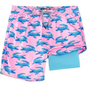 image:imageFT FENTENG Mens Swim Trunks with Compression Liner 5 Stretch Board Shorts Quick Dry Zipper Pockets 2 in 1 Mens Bathing SuitsPink Crocodile