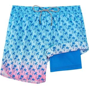 image:imageFT FENTENG Mens Swim Trunks with Compression Liner 5 Stretch Board Shorts Quick Dry Zipper Pockets 2 in 1 Mens Bathing SuitsPink Palm Tree