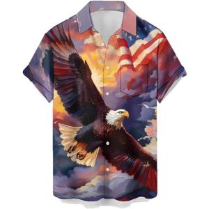 image:imageMens Bowling Shirts 1950s Hawaiian Vintage Button Down Short Sleeve Shirts Summer Casual Holiday Beach ShirtsAmerican Flag and Eagle Cloud