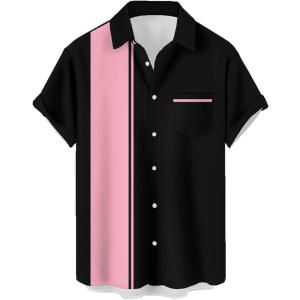 image:imageMens Bowling Shirts 1950s Hawaiian Vintage Button Down Short Sleeve Shirts Summer Casual Holiday Beach ShirtsBlack Pink Stripes