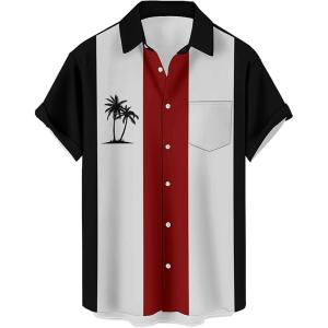image:imageMens Bowling Shirts 1950s Hawaiian Vintage Button Down Short Sleeve Shirts Summer Casual Holiday Beach ShirtsBlack Red Coconut Tree
