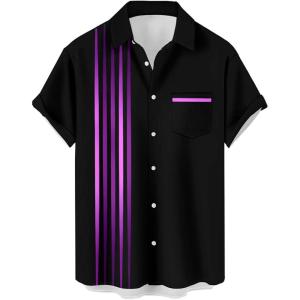 image:imageMens Bowling Shirts 1950s Hawaiian Vintage Button Down Short Sleeve Shirts Summer Casual Holiday Beach ShirtsBlack With Purple Stripes