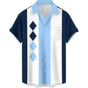 image:imageMens Bowling Shirts 1950s Hawaiian Vintage Button Down Short Sleeve Shirts Summer Casual Holiday Beach ShirtsBlue Diamond Check