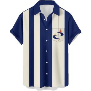 image:imageMens Bowling Shirts 1950s Hawaiian Vintage Button Down Short Sleeve Shirts Summer Casual Holiday Beach ShirtsBlue Moon With Stripes