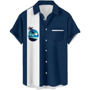 image:imageMens Bowling Shirts 1950s Hawaiian Vintage Button Down Short Sleeve Shirts Summer Casual Holiday Beach ShirtsBlue Navy Twilight Palm Tree