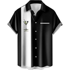 image:imageMens Bowling Shirts 1950s Hawaiian Vintage Button Down Short Sleeve Shirts Summer Casual Holiday Beach ShirtsCocktail Martini Black White