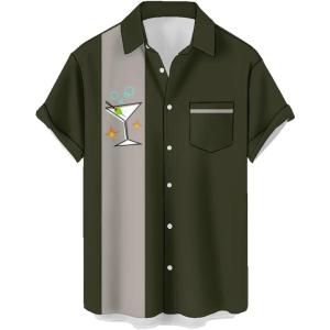 image:imageMens Bowling Shirts 1950s Hawaiian Vintage Button Down Short Sleeve Shirts Summer Casual Holiday Beach ShirtsCocktail Martini Olive Green
