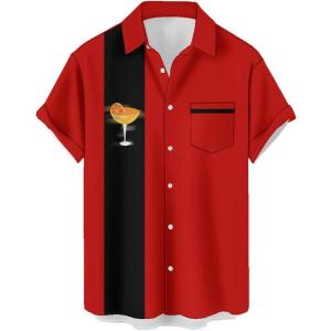 image:imageMens Bowling Shirts 1950s Hawaiian Vintage Button Down Short Sleeve Shirts Summer Casual Holiday Beach ShirtsCocktail Orange Martini Red