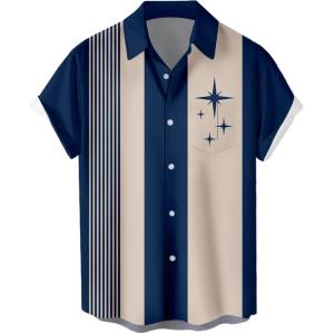 image:imageMens Bowling Shirts 1950s Hawaiian Vintage Button Down Short Sleeve Shirts Summer Casual Holiday Beach ShirtsColor Block Blue Stars