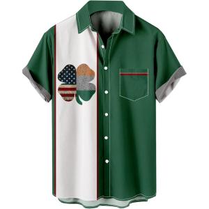 image:imageMens Bowling Shirts 1950s Hawaiian Vintage Button Down Short Sleeve Shirts Summer Casual Holiday Beach ShirtsColor Block Green Flag Clover
