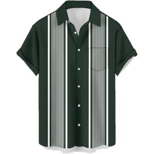 image:imageMens Bowling Shirts 1950s Hawaiian Vintage Button Down Short Sleeve Shirts Summer Casual Holiday Beach ShirtsDark Green Stripes