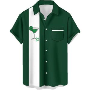 image:imageMens Bowling Shirts 1950s Hawaiian Vintage Button Down Short Sleeve Shirts Summer Casual Holiday Beach ShirtsGreen Four Leaf Clover Martini